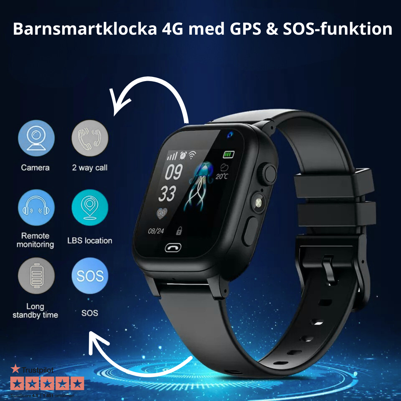 Minivakt Barnsmartklocka 4G med GPS & SOS-funktion